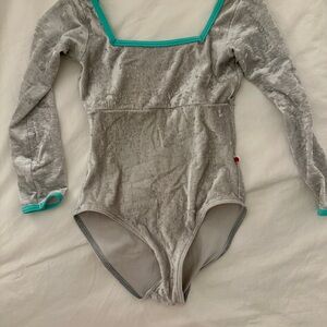 Yumiko Silver leotard with Teal Trim: Small